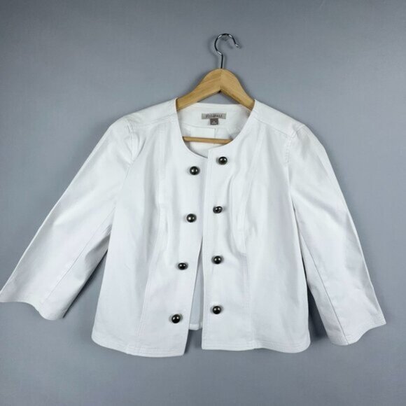 Roz & Ali Cropped Denim Suit Jacket Studded Open Front Womens M Collarless White - Picture 1 of 11